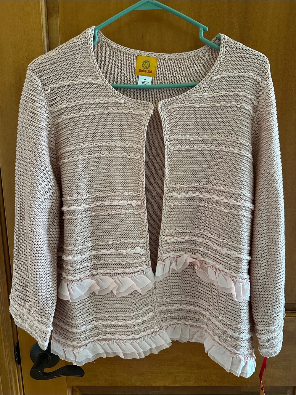 Ruby Rd. Blush Knit Ruffle Open Cardigan